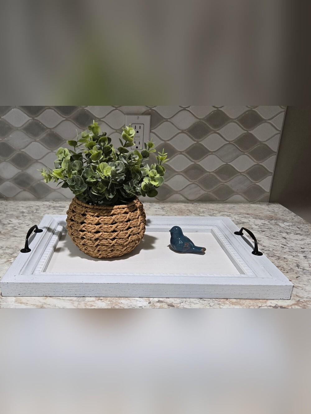 Pier 1 White Wood Vanity Tray with Black Handles